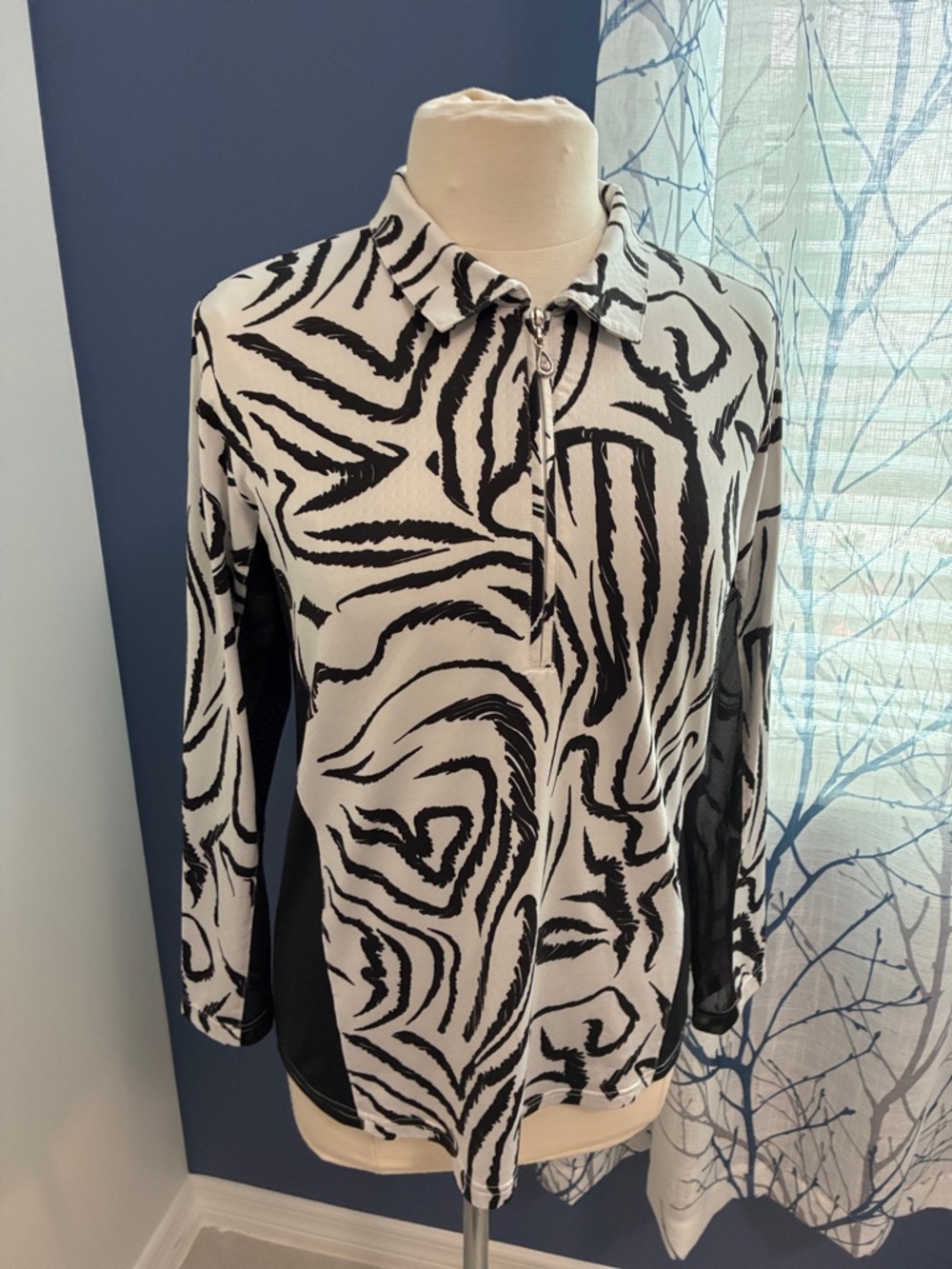 Sansoleil Black & White Zebra Print 1/4 Zip-Front Pullover